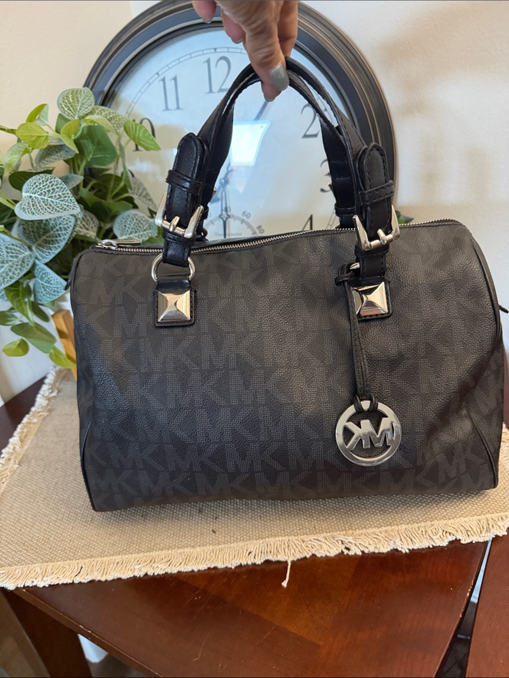Michael Kors Black Monogram Dome Satchel with Silver MK Charm